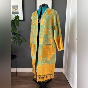 Handmade gold & turquoise silk kimono duster, vintage throw blanket, ladies M-XL